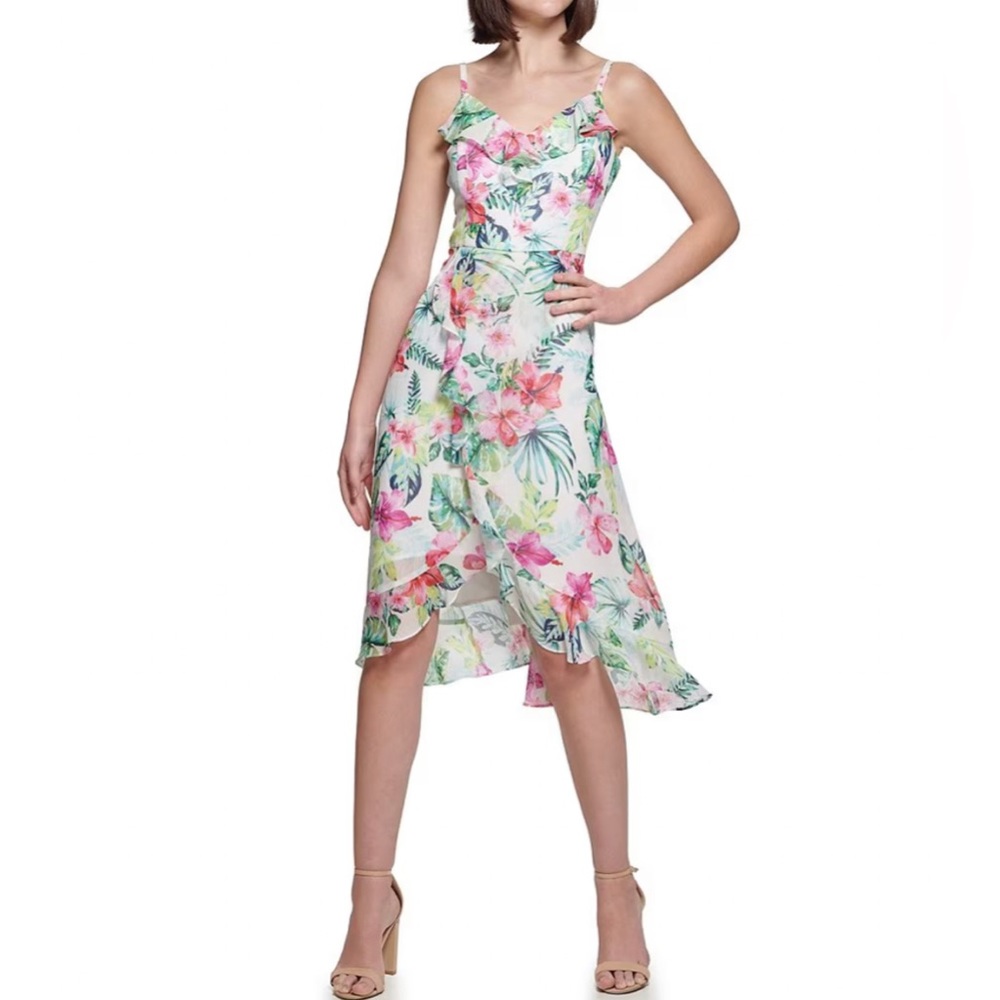 Kensie Chiffon Floral Print V-Neck Spaghetti Strap Sleeveless Faux Wrap Dress
